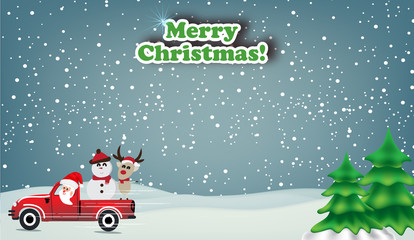 Uncle Santa is driving with friends on a snowy background. Concept of christmas and happy new year. Paper cut - vector