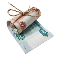 Paper money of Russia in a roll. Isolated on white background.