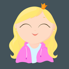 Little cartoon princess with blond hair. Happy girl in the crown. Smiling baby in a queen costume. 