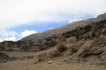 Stunning beautiful views of the nature of the Himalayan mountains in Nepal. The highest pedestrian pass in the world of Thorong La. Mountain village.