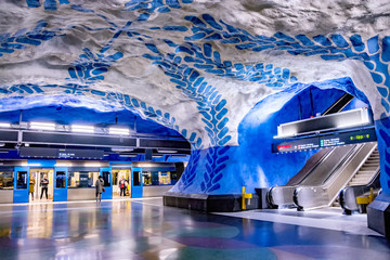 STOCKHOLM, SWEDEN MAY 26, 2019: Interior of the T-Centralen station of the blue subway line in Stockholm, Sweden. Stockholm metro is one of the longest underground art galleries in the world.
