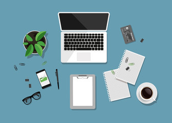 Top view of business workplace on blue background. Flat design of workspace with laptop, note book, cup of coffee, pot of plant, eyeglasses etc. Mock up of work desk. Vector illustration.