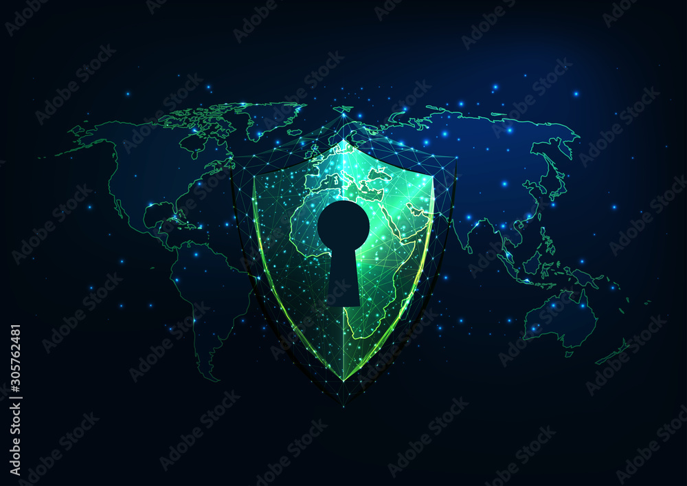 Wall mural futuristic cyber security concept with glowing low polygonal shield with access and world map.