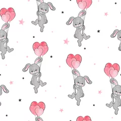 Behang Naadloze patroon met schattige konijntje en hart ballonnen. © Afanasia