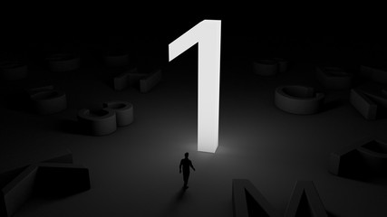 3D illustration of an illuminated number 1 and a man standing in front of it