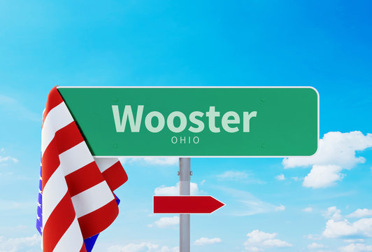 Wooster &ndash; Ohio. Road or Town Sign. Flag of the united states. Blue Sky. Red arrow shows the direction in the city. 3d rendering