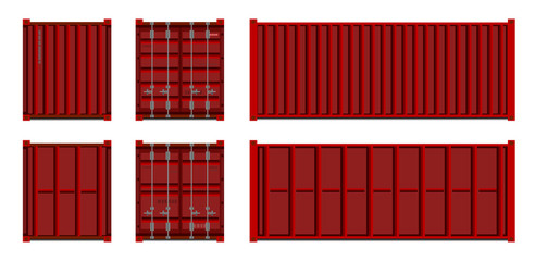 Cargo Container. Vector. Set. Logistics delivery container. Isolated object. Red. Back, front and side. Shipment delivery service. Container for trucks, ships and aircraft.