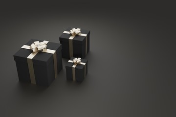 Gift boxes with shiny ribbons and bow. Festive packaging, minimalistic design for postcards or advertising stores.