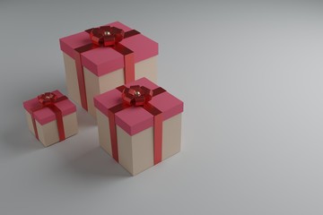 Gift boxes with shiny ribbons and bow. Festive packaging, minimalistic design for postcards or advertising stores.