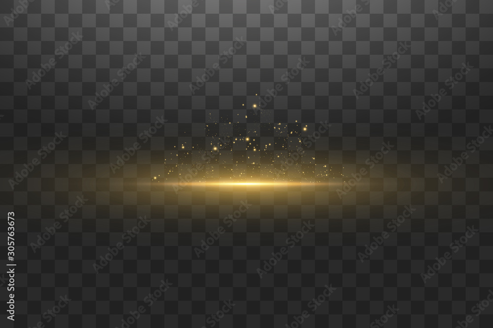 Wall mural Glow isolated gold transparent effect, lens flare, explosion, glitter, line, sun flash, spark and stars. For illustration template art design, banner for Christmas celebrate, magic flash energy ray