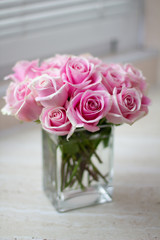 Rose roses in vase over  a white background