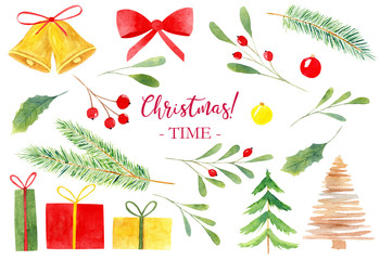 Winter holiday items watercolor hand drawn illustrations set