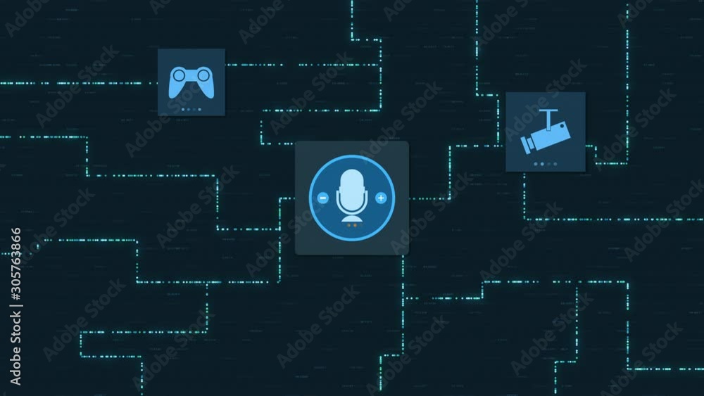 Poster voice assistant with network grid and icons about iot and home automation