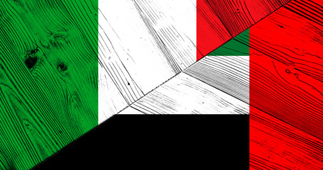 Italian and United Arab Emirates flag on wooden boards