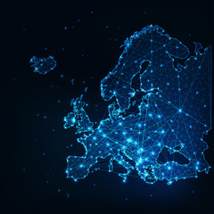 Futuristic Europe outline connectivity map with lines, stars, triangles, light particles framework. - obrazy, fototapety, plakaty