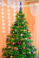 harmonous and dressed up New Year's tree in room