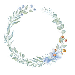 Empty hand drawn floral wreath frame watercolor illustration