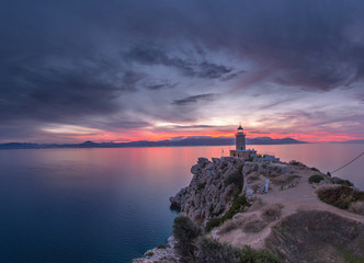 Melagavi Lighthouse at Sunset , Loutraki Greece
