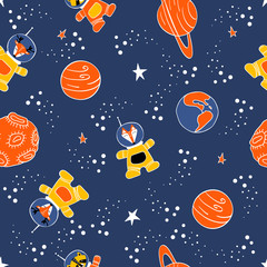 Seamless pattern with cute animals in space. Fox, raccoon and deer in spacesuits with planets and stars on blue background. Vector illustration.