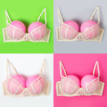 Set of bras with pink balloons on the backgrounds of different colors. Fun, conceptual photo, great big breasts.