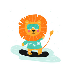 cute hand drawn lion with snowboard 