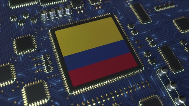 National flag of Colombia on the operating chipset. Colombian information technology or hardware development related conceptual 3D animation