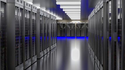 Obraz premium Server room data center. Backup, mining, hosting, mainframe, farm and computer rack with storage information. 3d render