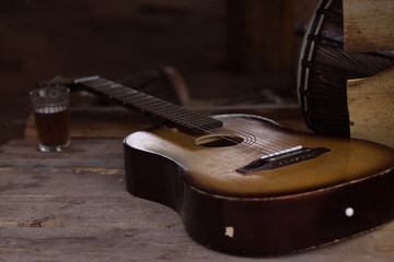 old soviet acoustic guitar and ethnic drum