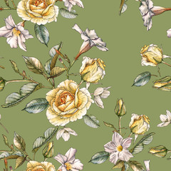 Floral seamless pattern with watercolor yellow roses and white flowers