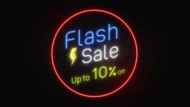Flash sale 10% 4K .Neon sign banner promo background. Concept of sale and clearance.
