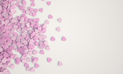 3D rendering of scatterd pink hearts on a white surface with lots of copy space
