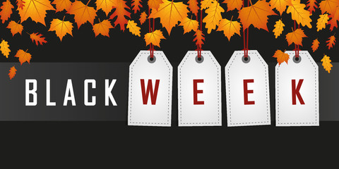 black week promotion hanging label with autumn leaves vector illustration EPS10