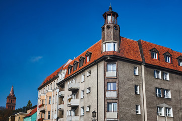 Tenement house with a corner tower in the city of Gniezno.