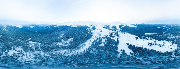 Spherical aerial snow-covered panorama of spruce trees