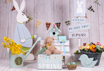 For Easter holidays, colorful backdrops for photo studios, with elements like: eggs, bunnies rabbit, carrots, easter signs, big flowers, giant mushrooms, boxes.