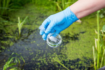 A water sample from the river. Water intake. Water abstraction.