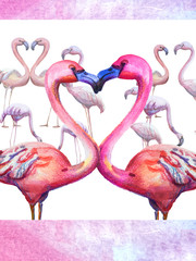 Watercolor card with flamingo and hearts. Hand drawing exotic birds . Love. template for valentine day and any design. Pink, white, purple colors.