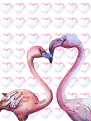 Watercolor card with flamingo and hearts. Hand drawing exotic birds . Love. template for valentine day and any design. Pink, white, purple colors.