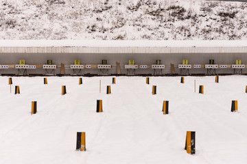Biathlon. Shooting range at the stadium. Position for shooting in biathlon.
