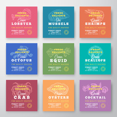 Fresh Seafood Delights Premium Quality Labels Bundle. Abstract Vector Packaging Design Layouts Set. Retro Typography with Borders and Hand Drawn Seafood Silhouettes Backgrounds Collection.
