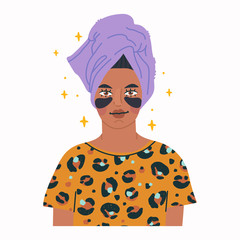 Skin care routine. Beautiful young black lady with eye patches and towel turban. Face care concept. Cleansing, moisturizing, treating. Hand drawn vector illustration. Cartoon style. Flat design
