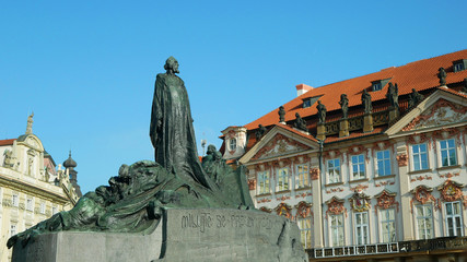 Jan Hus Memorial Old Town Square stands In Prague, statue of bronze stone depicts victorious Hussite warriors heroes or protestants, Historic, Artistic Art Nouveau architecture landmark, built 1915