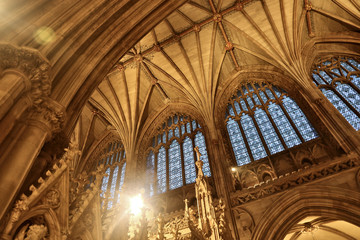 Lichfield cathedral, medieval vault ceiling and stained glass