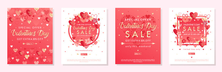 Bundle of Valentines Day special offer banners with hearts and golden foil elements.Sale templates perfect for prints, flyers, banners, promotions, special offers and more.Vector Valentines promos.