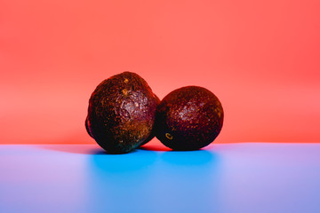 Avocados facing the camera isolated on a flat color background with copy space.