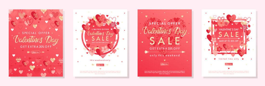 Bundle of Valentines Day special offer banners with hearts and golden foil elements.Sale templates perfect for prints, flyers, banners, promotions, special offers and more.Vector Valentines promos.