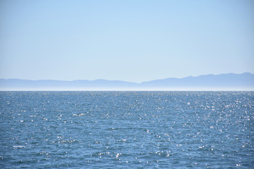 Silhouette of Channel Islands National Park seen from the shores of Santa Barbara on a perfectly sunny day, Santa Barbara, California