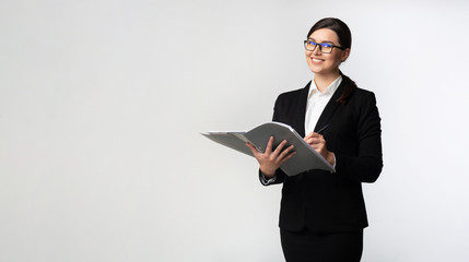 Secretary Girl Holding Folder Writing Business Report Standing, White Background