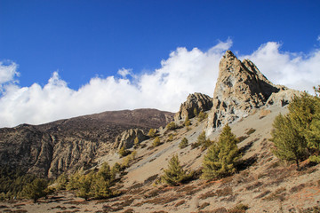 Beautiful nature views of the Himalayas mountains in Nepal. The highest pedestrian pass in the world Torong La on a trekking circle around Annapurna. Snowy mountains of the Himalayas.