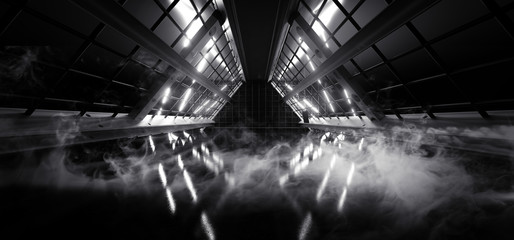 Smoke Mist Steam Triangle Shaped Sci Fi Futuristic Neon Glowing White Tunnel Corridor Underground Empty Steel Metal Mesh 3D Rendering